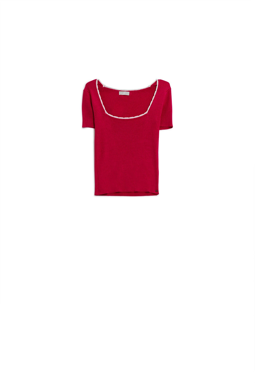 Fuchsia Knitted Short Sleeve Sweater With Square Neck and White Trim