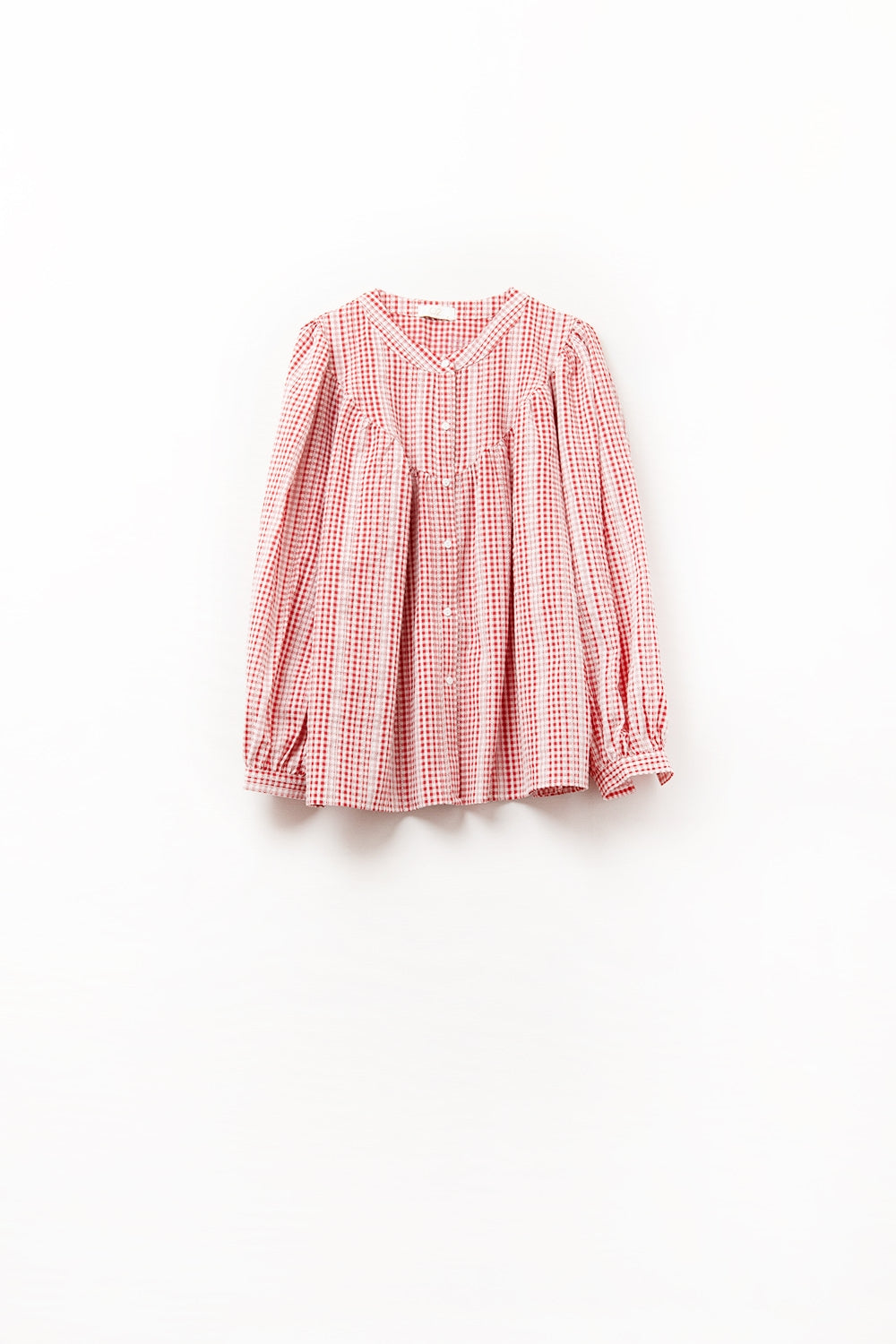 Gingham Red and White Collarless Blouse With Wide Sleeves