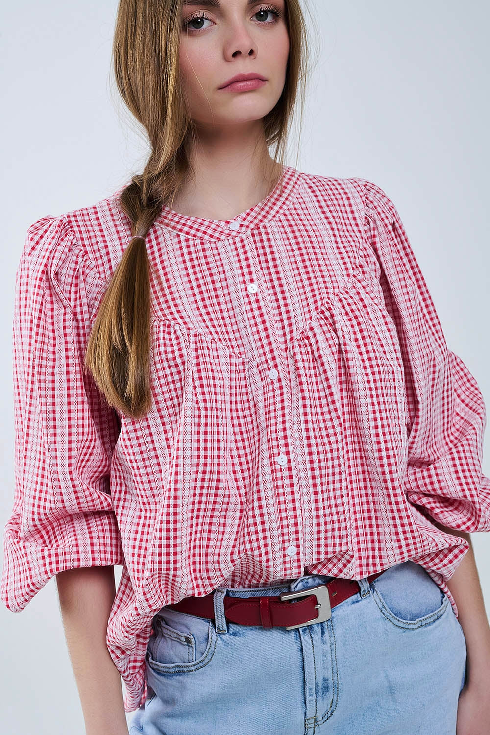 Gingham Red and White Collarless Blouse With Wide Sleeves
