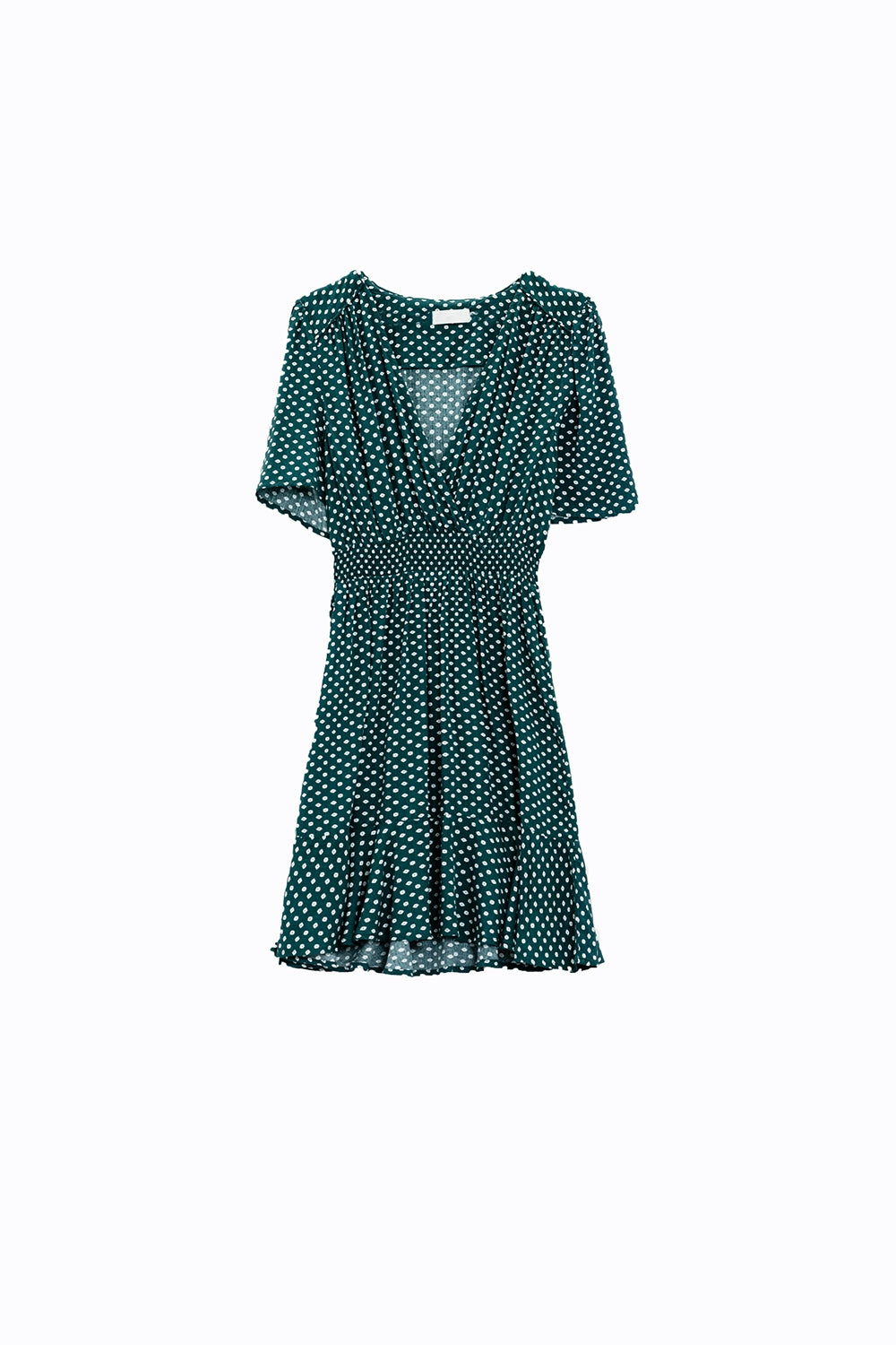 Vestido curto verde com frente envolvente, cintura marcada e estampado floral