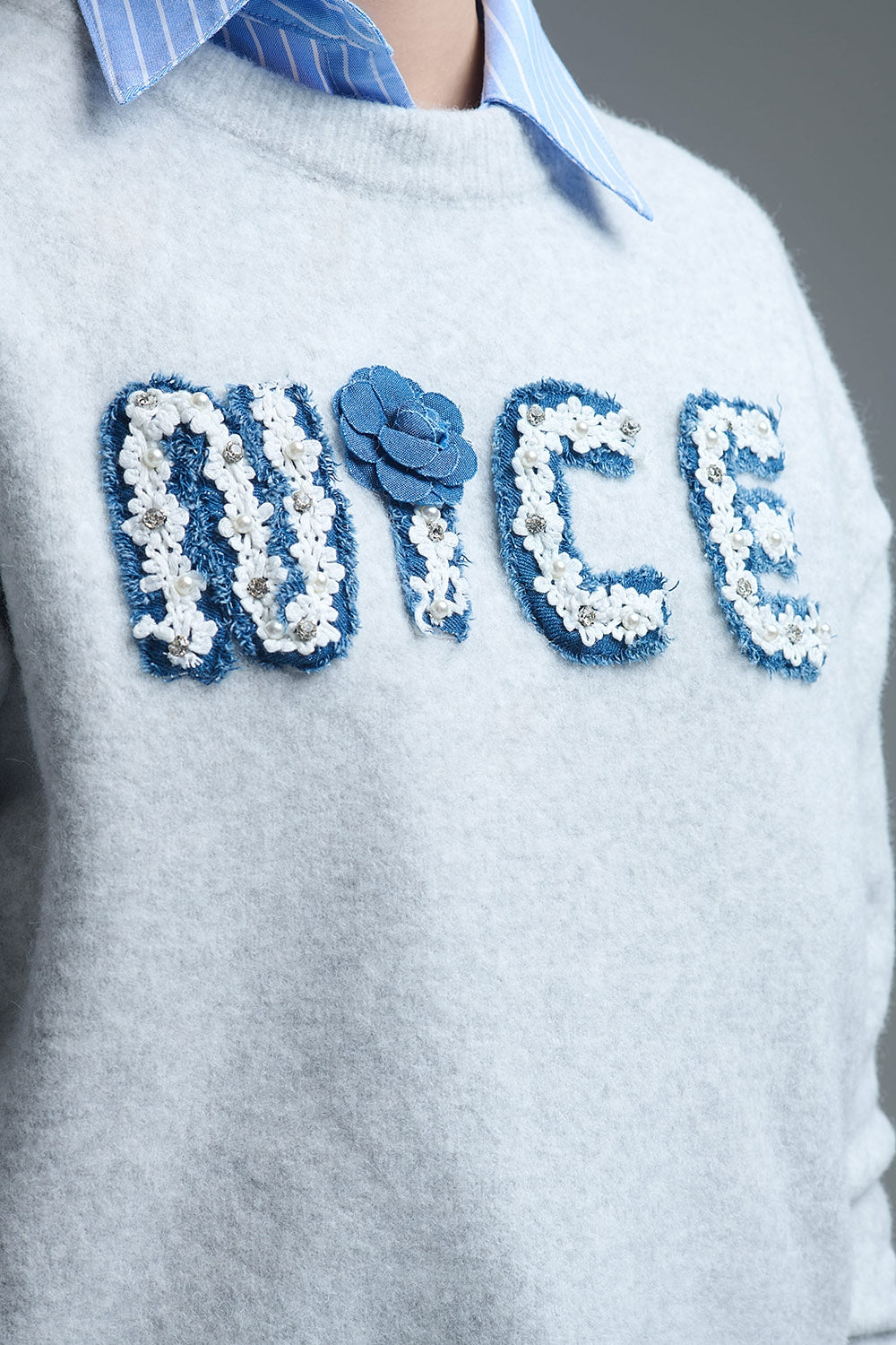 Grey Round Neck Sweater With Embroidered Nice