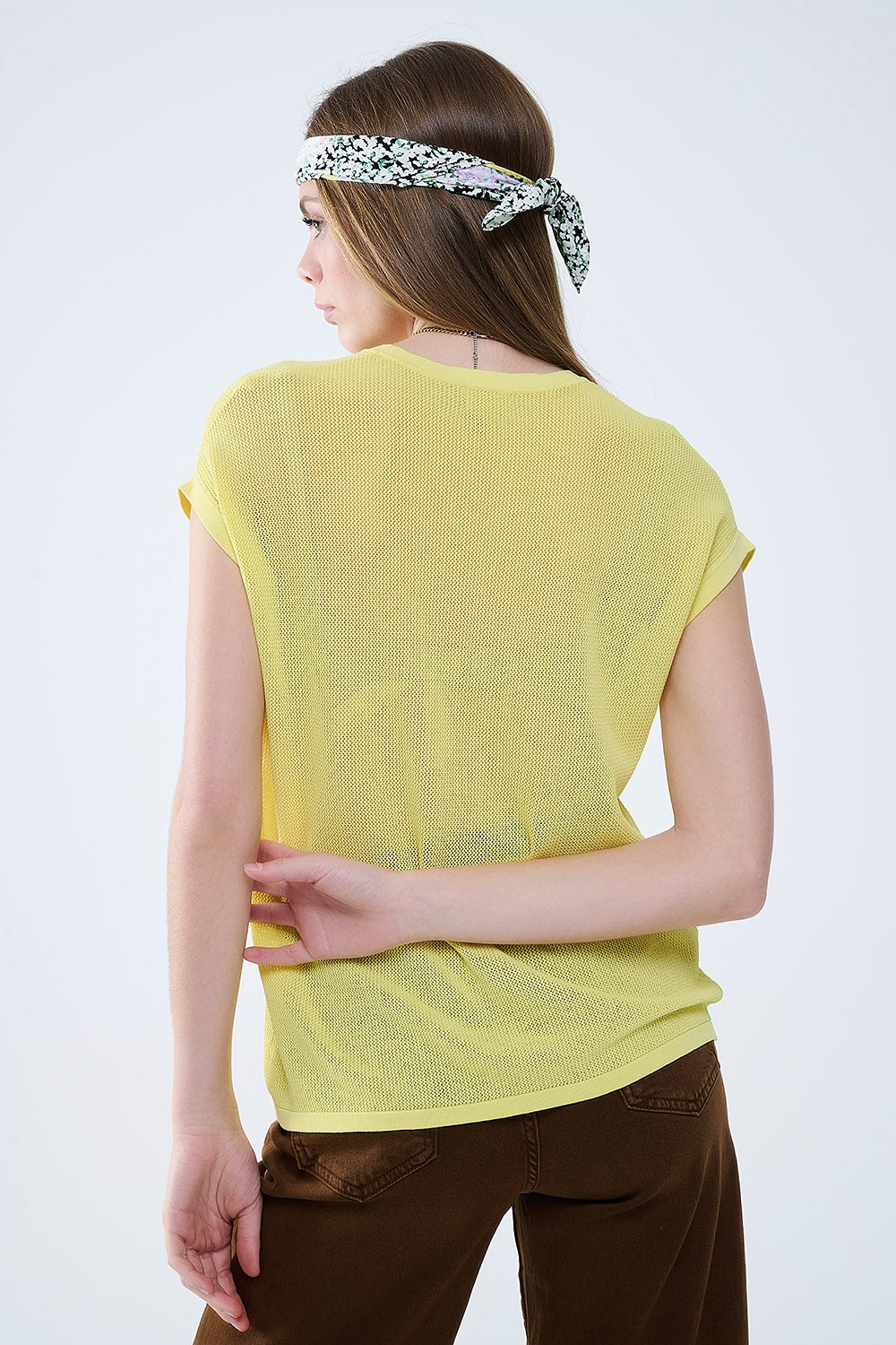 grid knit sweater in yellow color