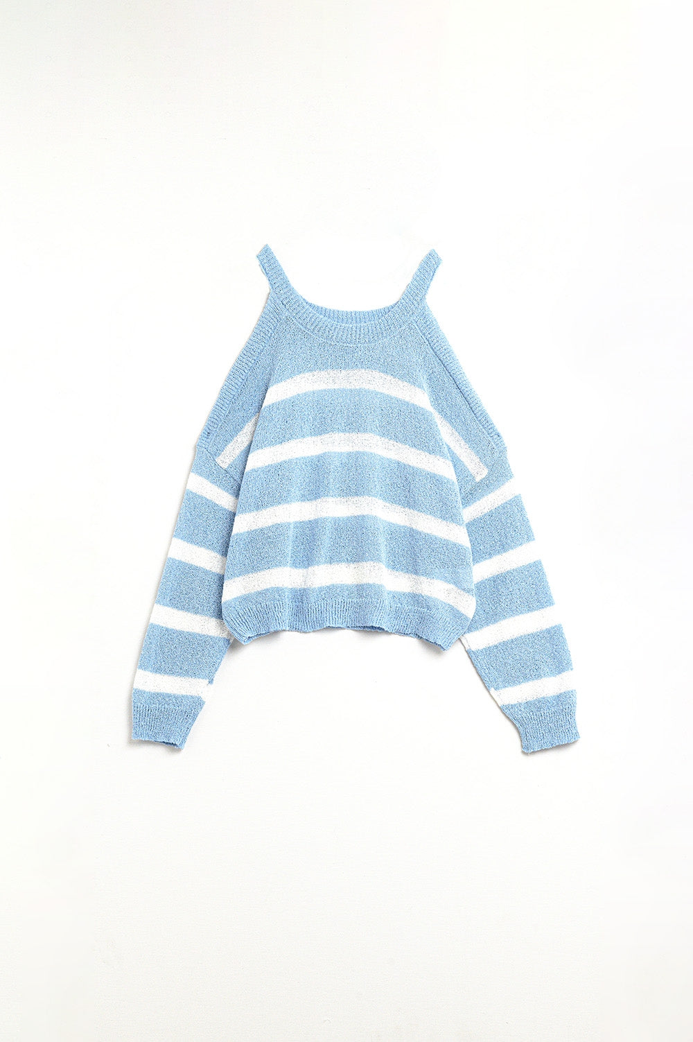 Heather Sweater With Open Shoulders and Horizontal Stripes in Blue