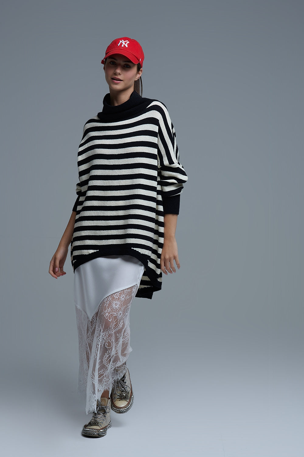 High Neck Oversized Sweater With Bat Wings and Stripes in black and white