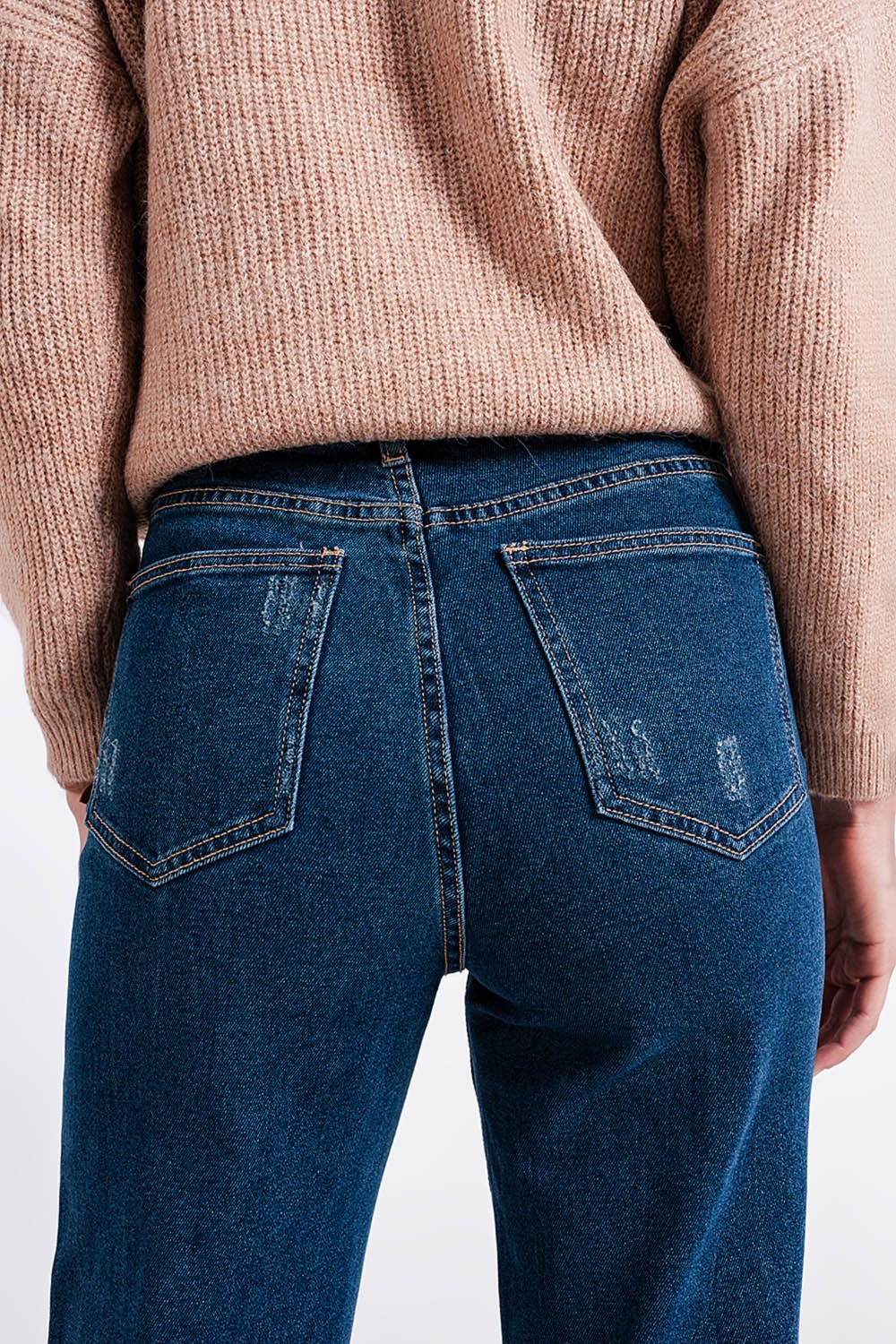 High waisted straight jean with roll hem in blue