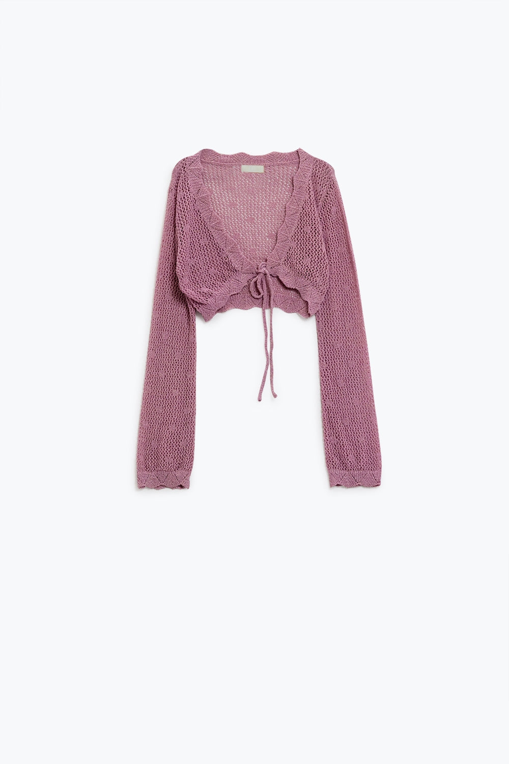 cardigan curto lilás em crochet com detalhe de lurex