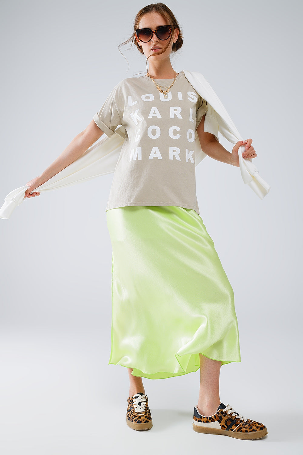 Lime maxi silk skirt with side slit