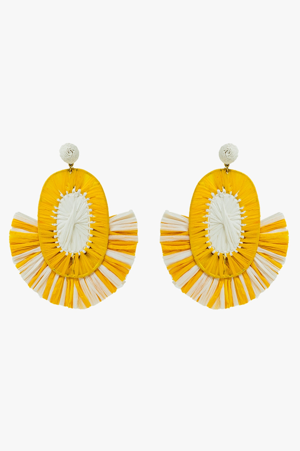 Q2 Maxi Dropped Raffia Earrings with Yellow and White Tassels