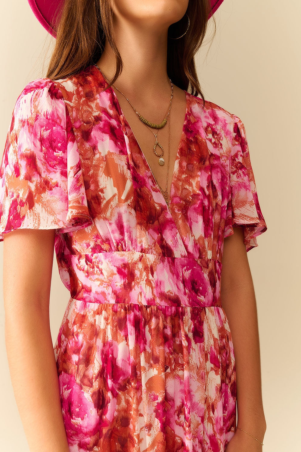 Maxi Tiered Romantic Dress With chiffon Floral Print In Pink