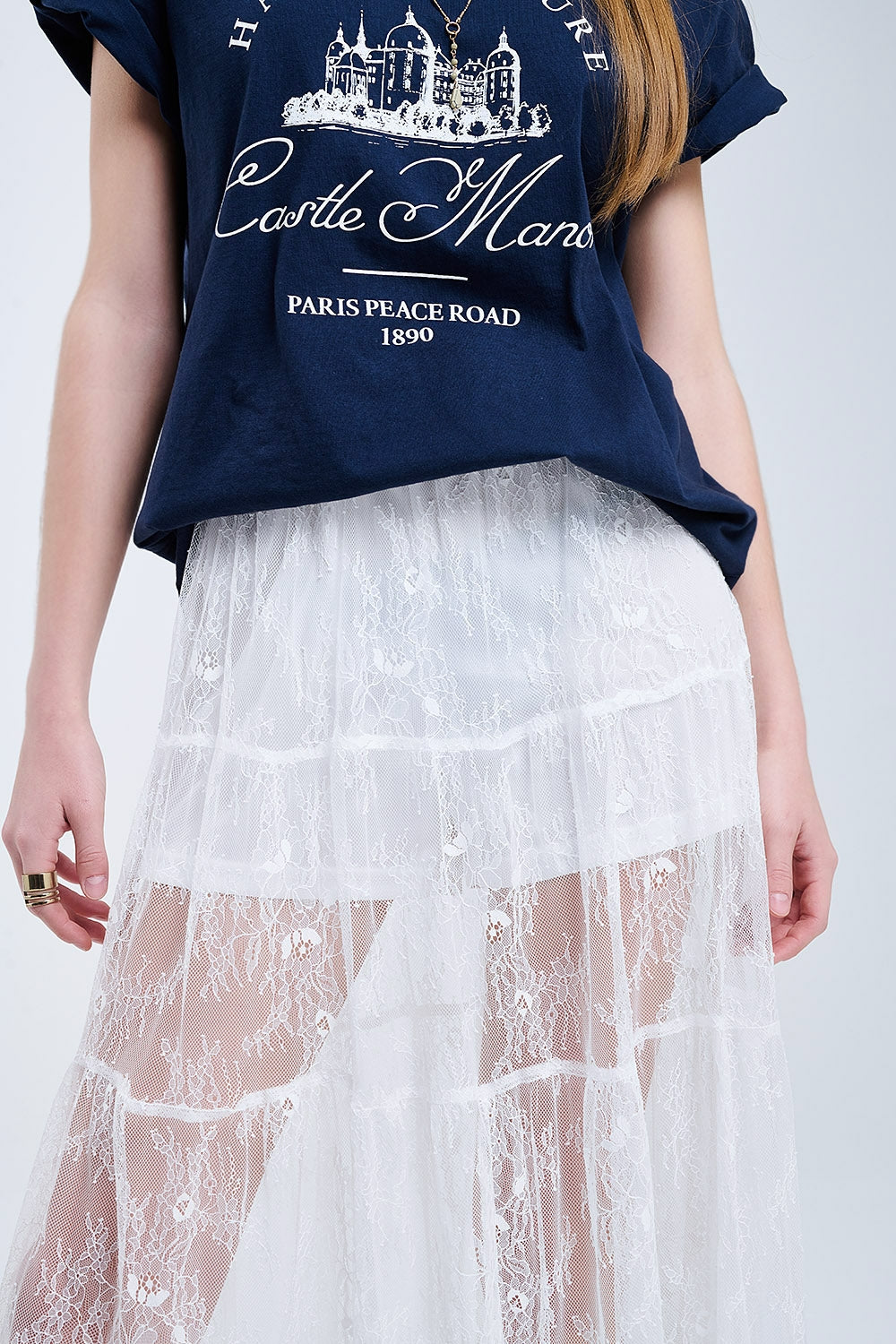 maxi white lace skirt with a floral print