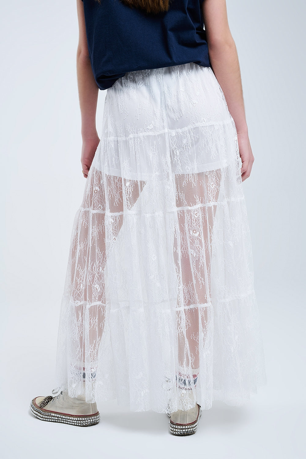 maxi white lace skirt with a floral print