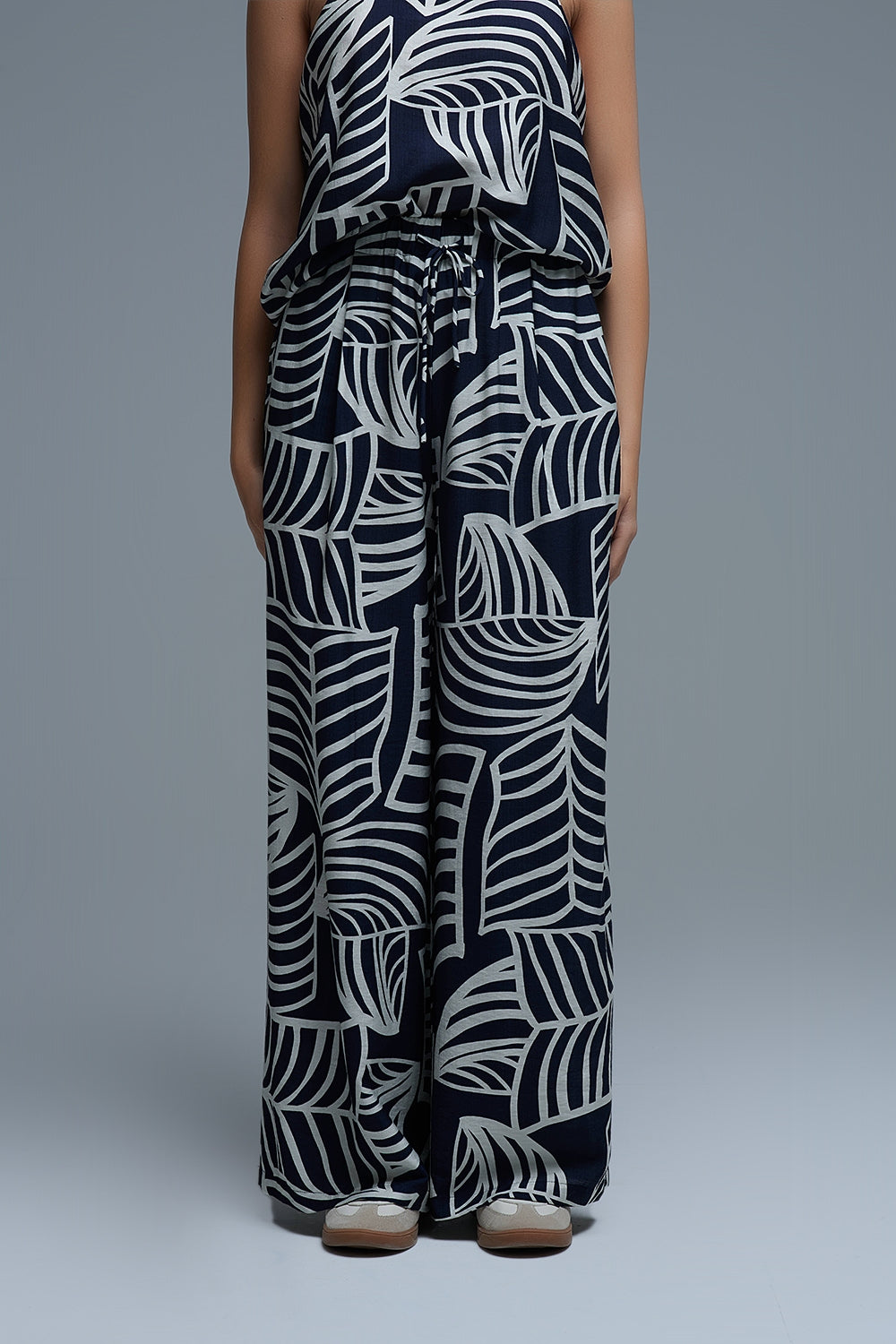 Navy and White Wide Leg Trousers with White Leaf Print
