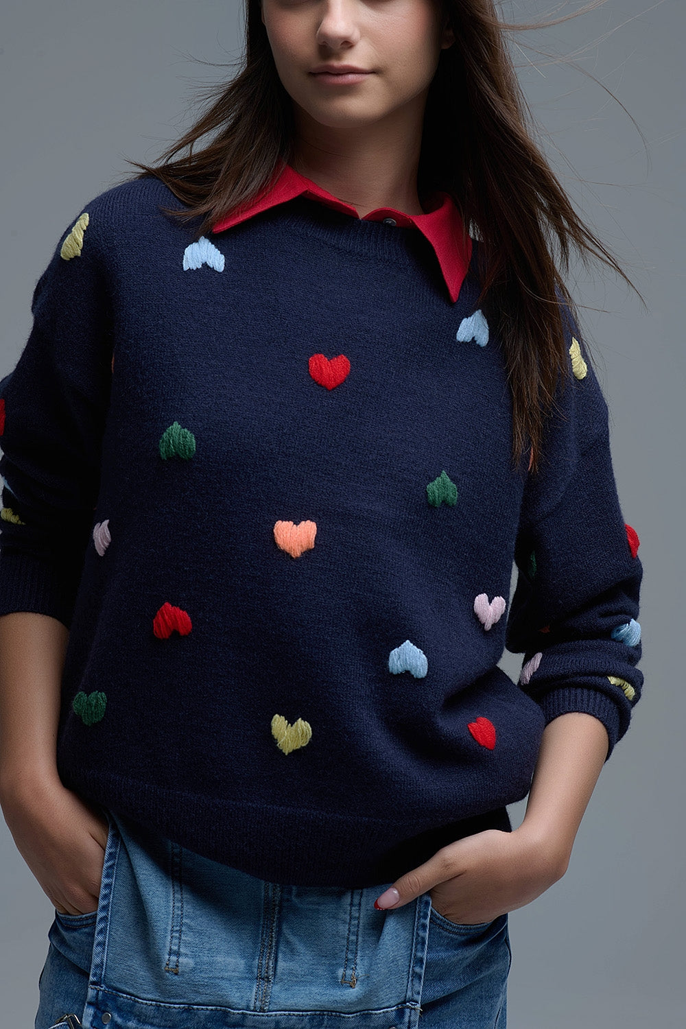 Navy Crew neck Sweater With Multicolor Embroidered Hearts