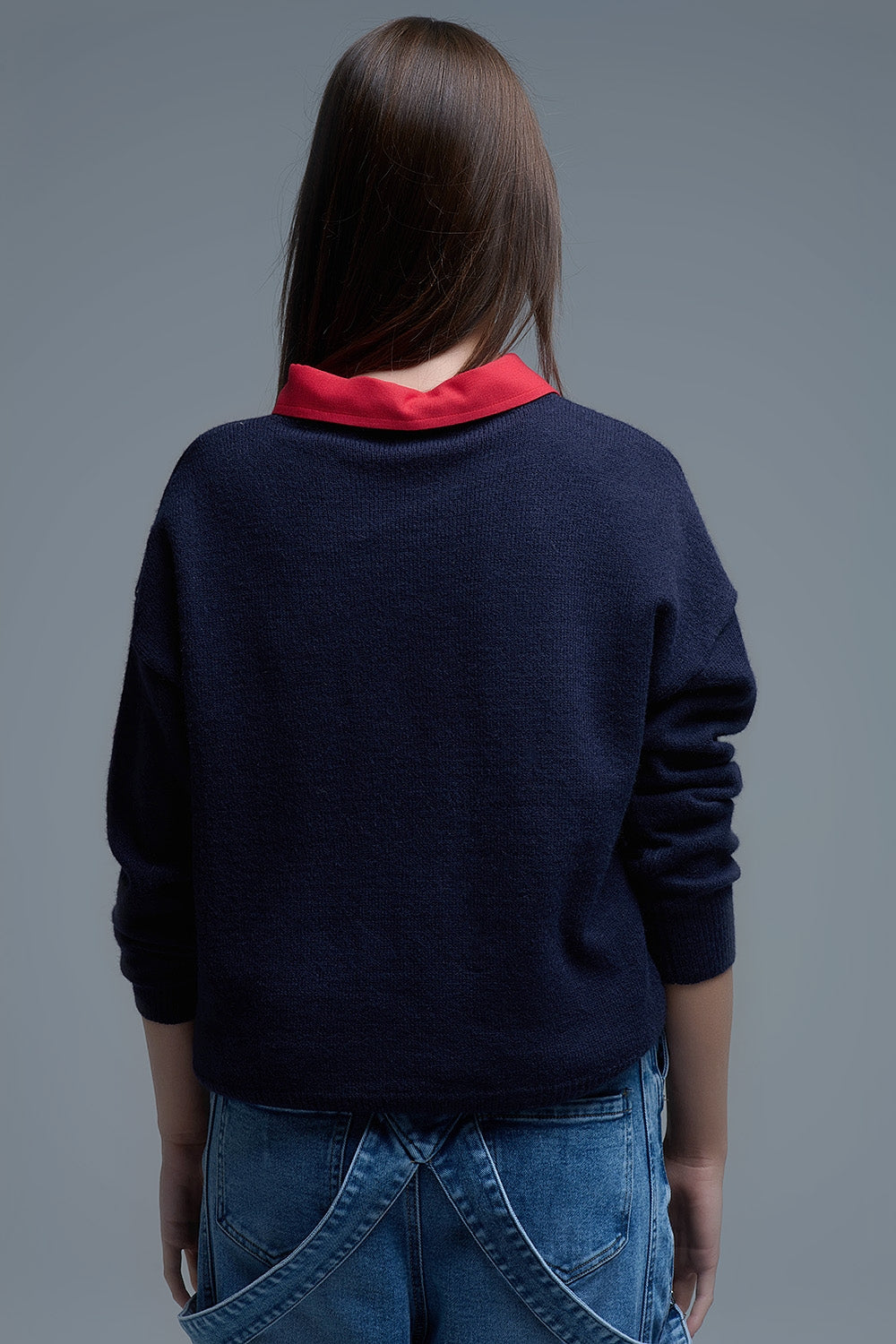 Navy Crew neck Sweater With Multicolor Embroidered Hearts