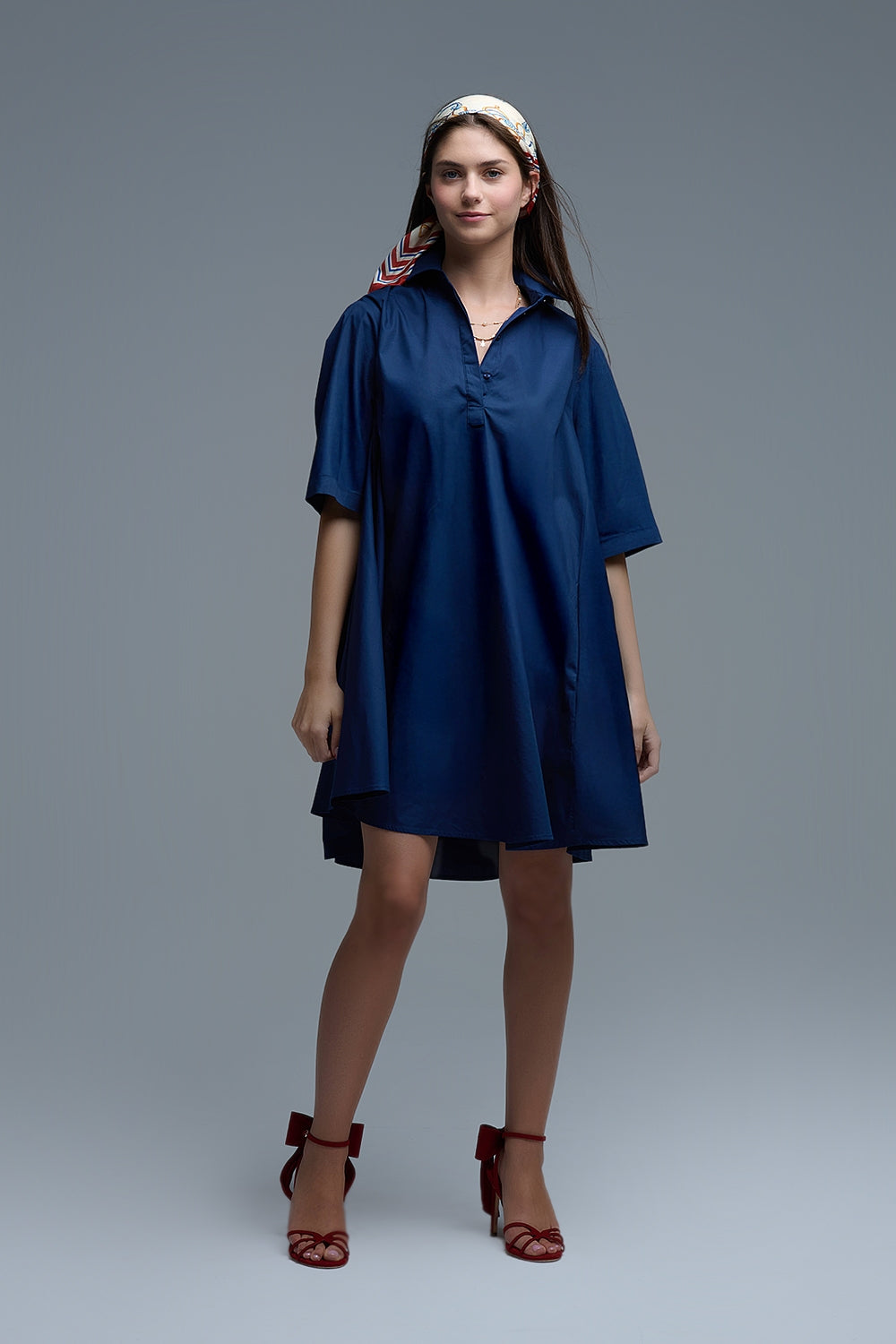 Oversized 3/4 Sleeve Poplin Dress in Navy