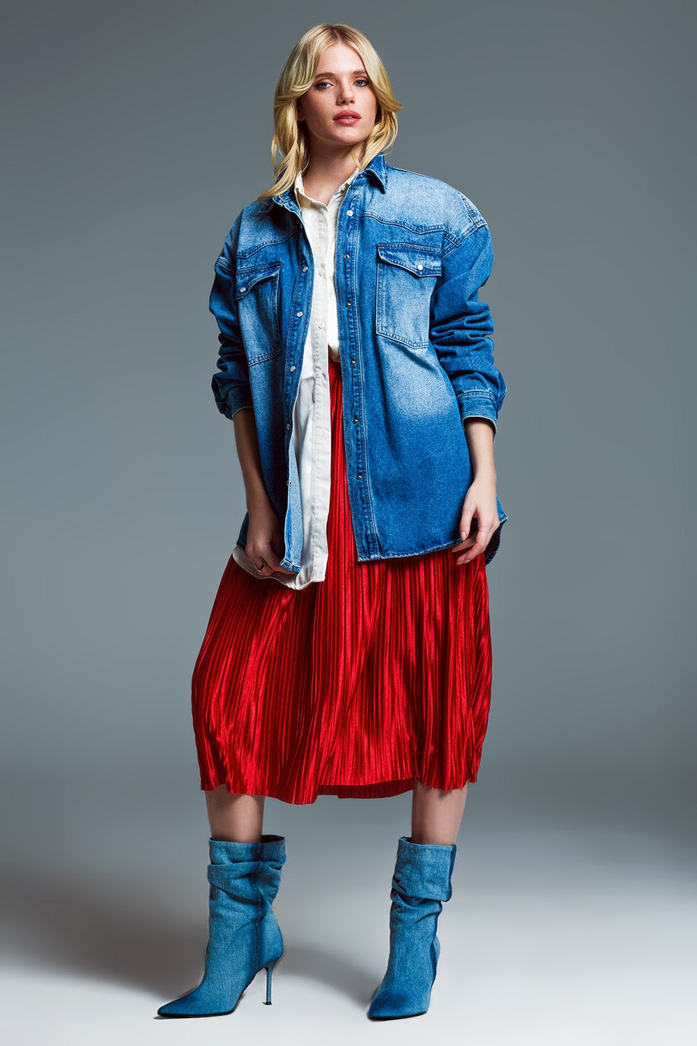 Oversized Cargo Style Denim Jacket in Medium Wash.