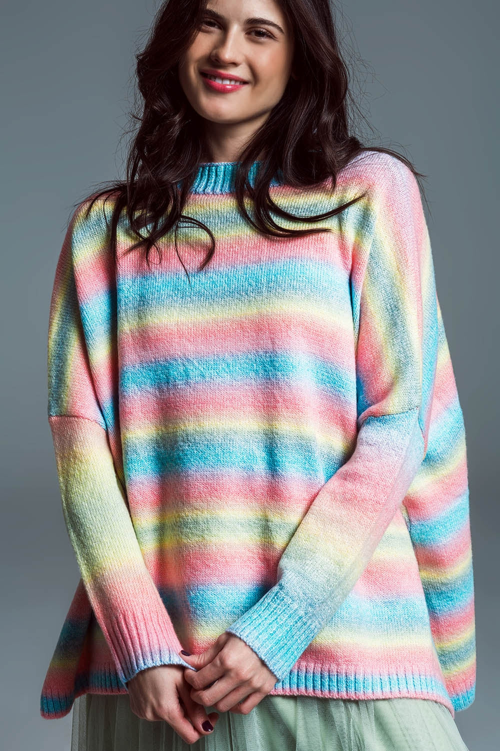 Oversized Multicolor High Necke Sweater With Side Slits