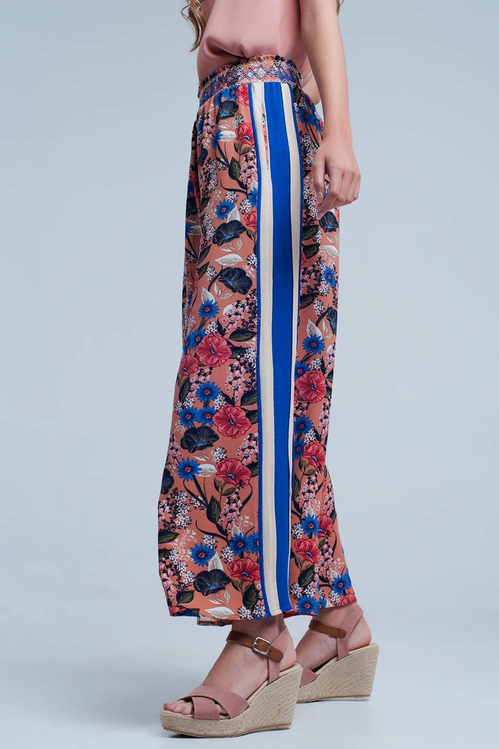 Pink floral pants with side stripe