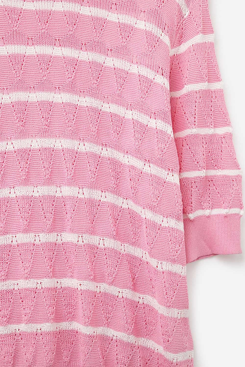 Pink Openwork Knit Top with Short Sleeves and White Stripes