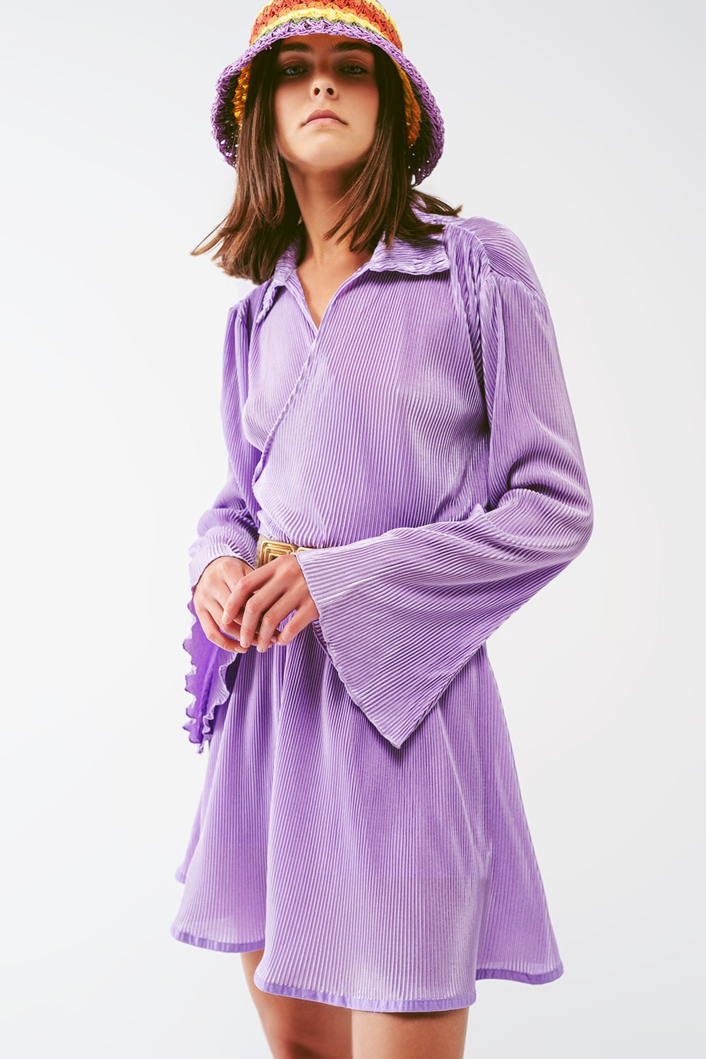Pleated Satin Wrap Top in lilac