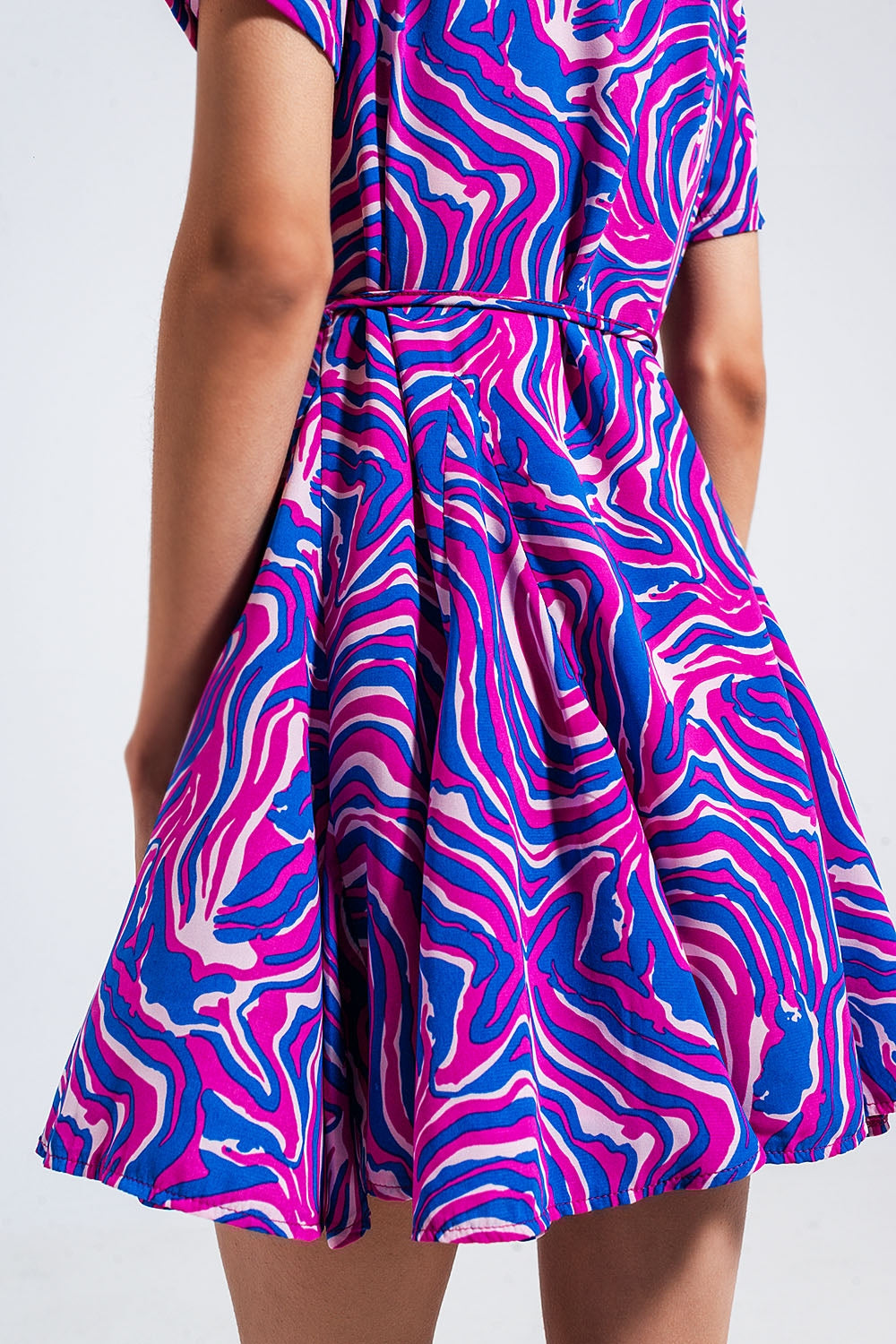 Printed mini dress with tie waist in purple