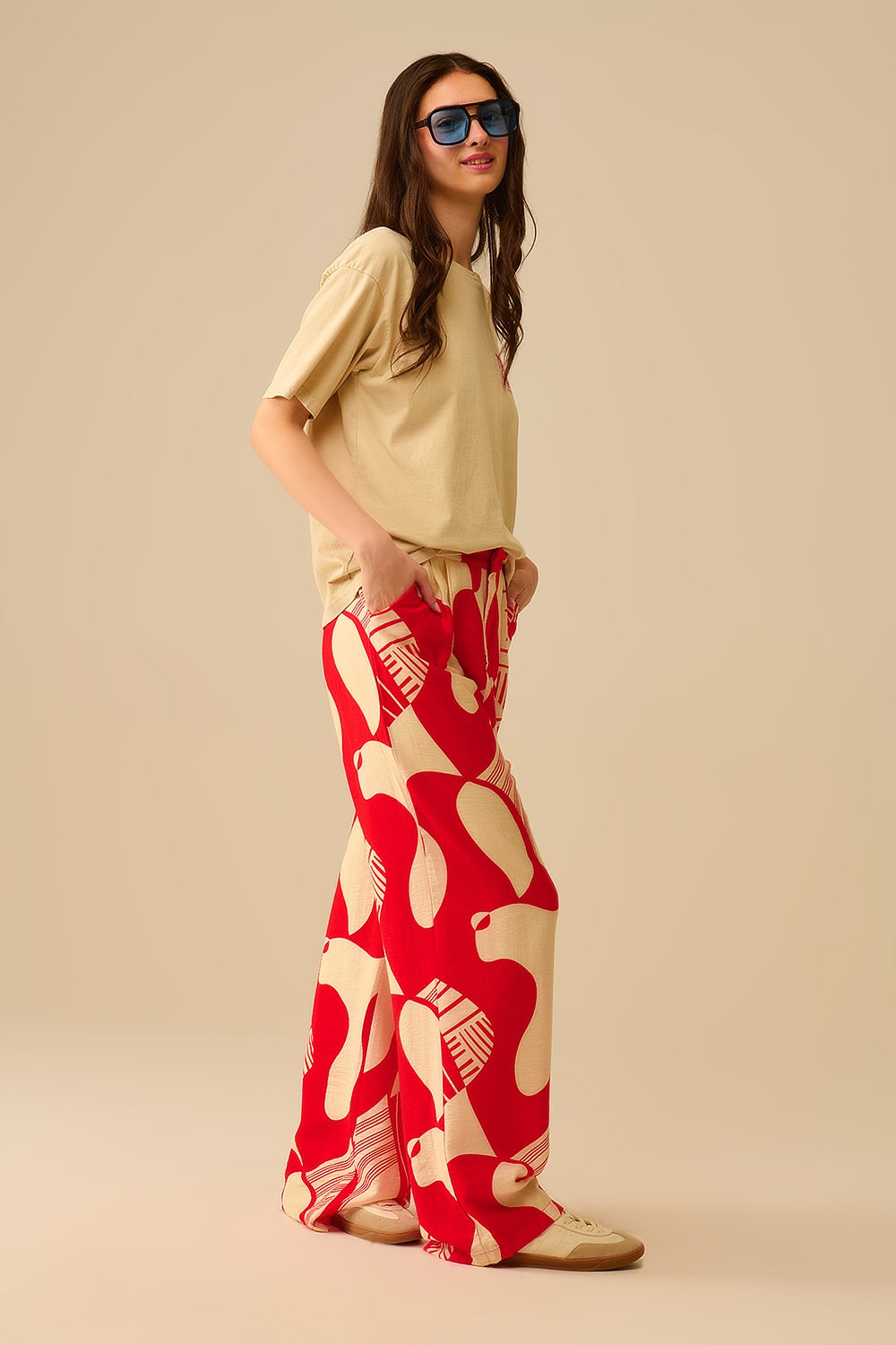 Red abstract print wide-leg trousers