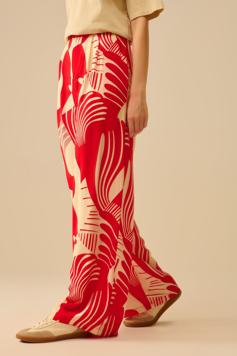 Red abstract print wide-leg trousers