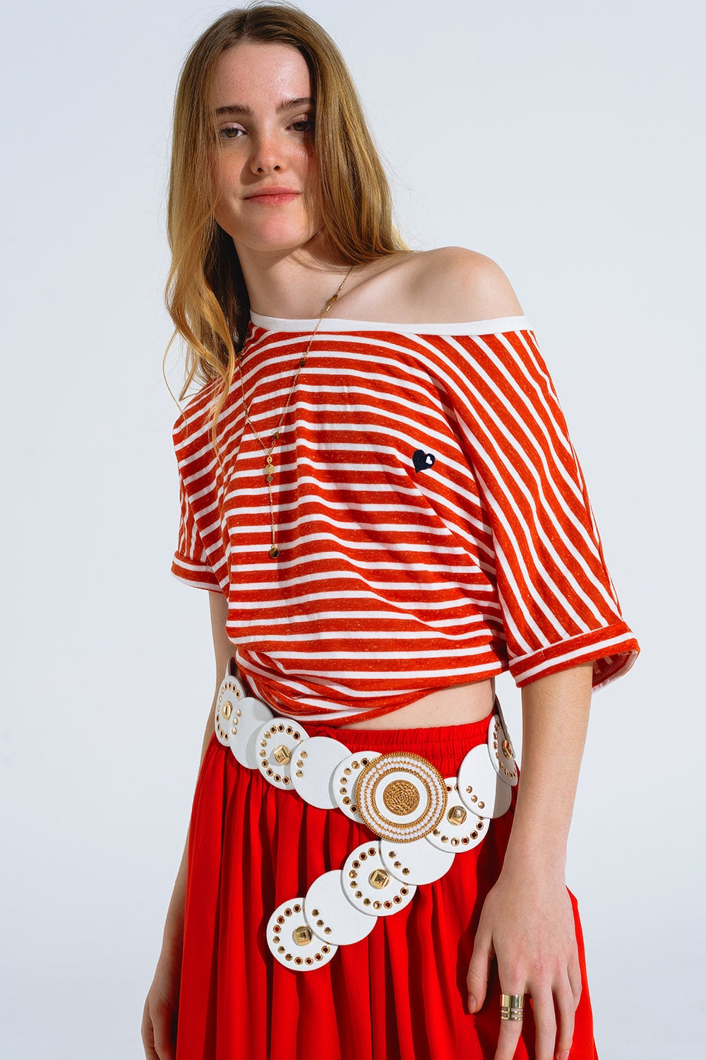 red striped boat neck t-shirt with embroidered heart