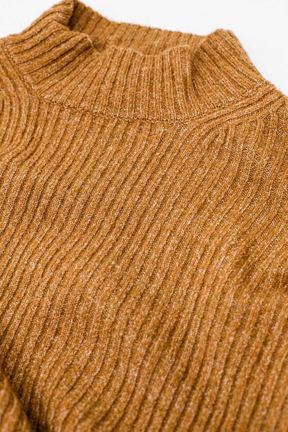 relaxed camel ribbed high neck sweater