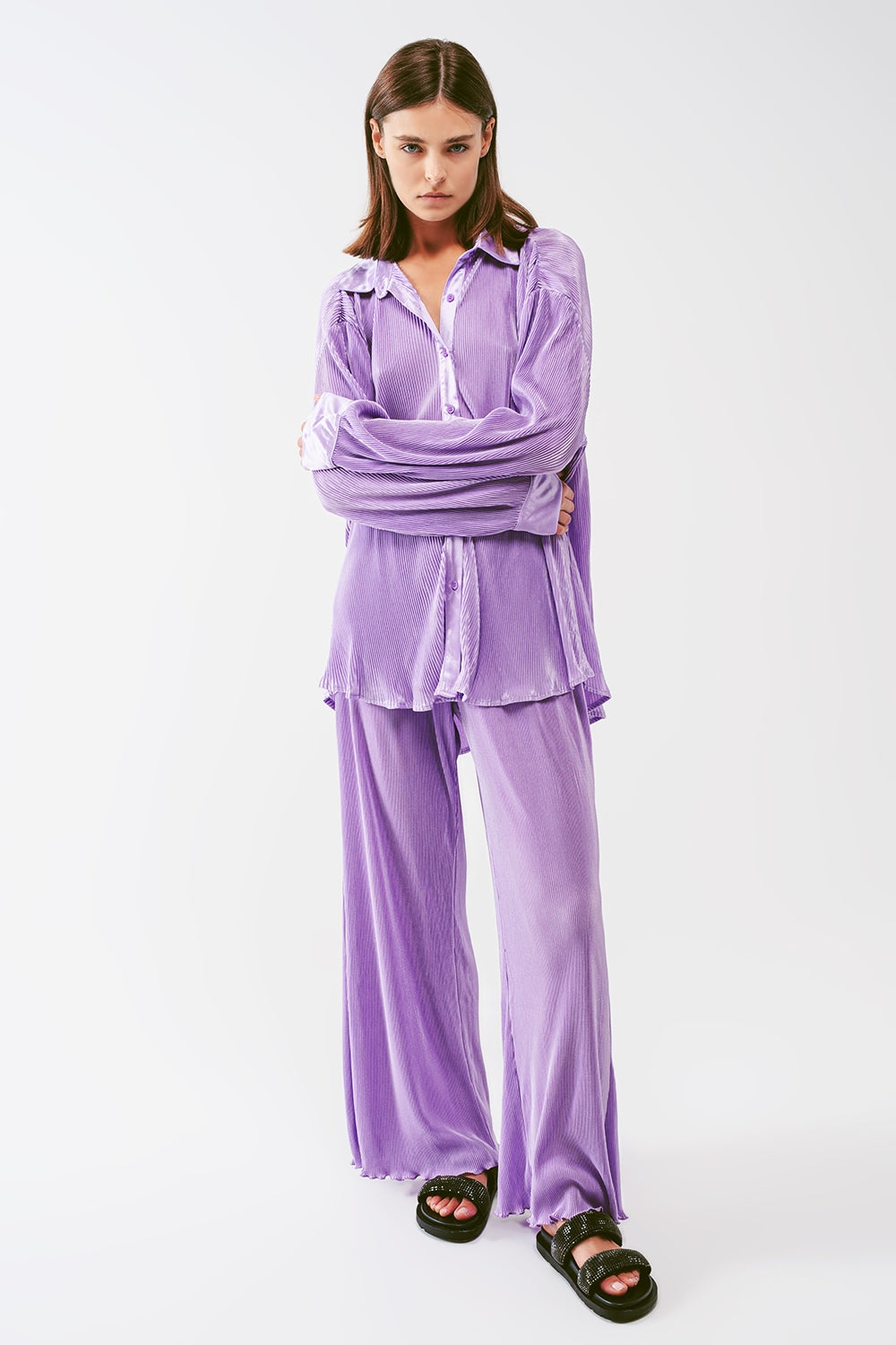 Relaxed Pleated Satin Shirt in lilac