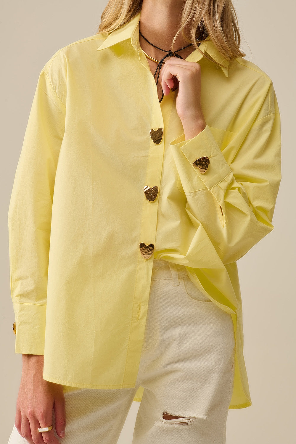 Relaxed Poplin Shirt With Gold Heart Buttons in yellow