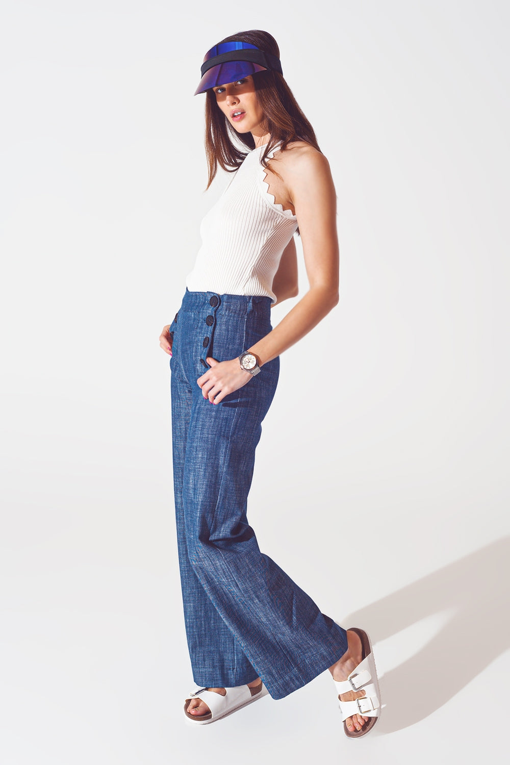 Ribbed Halter Top With Scalloped Finish in White