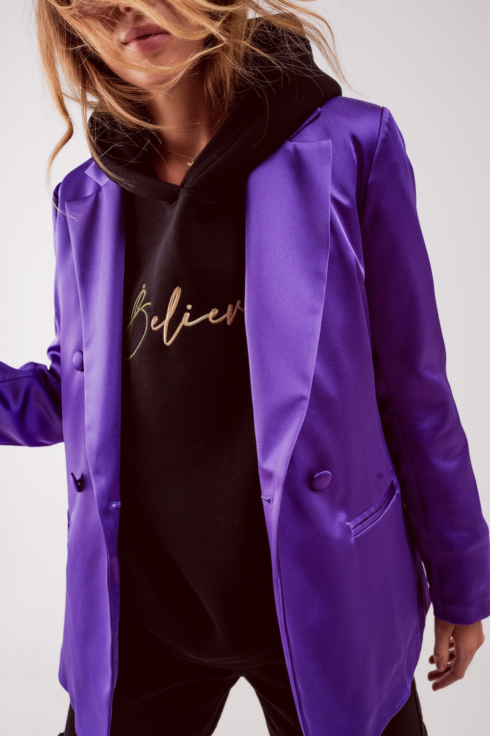 Satin tailored double breast blazer in purple