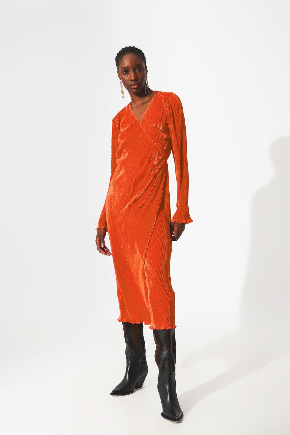 Satin wrap deatil pleated dress in orange