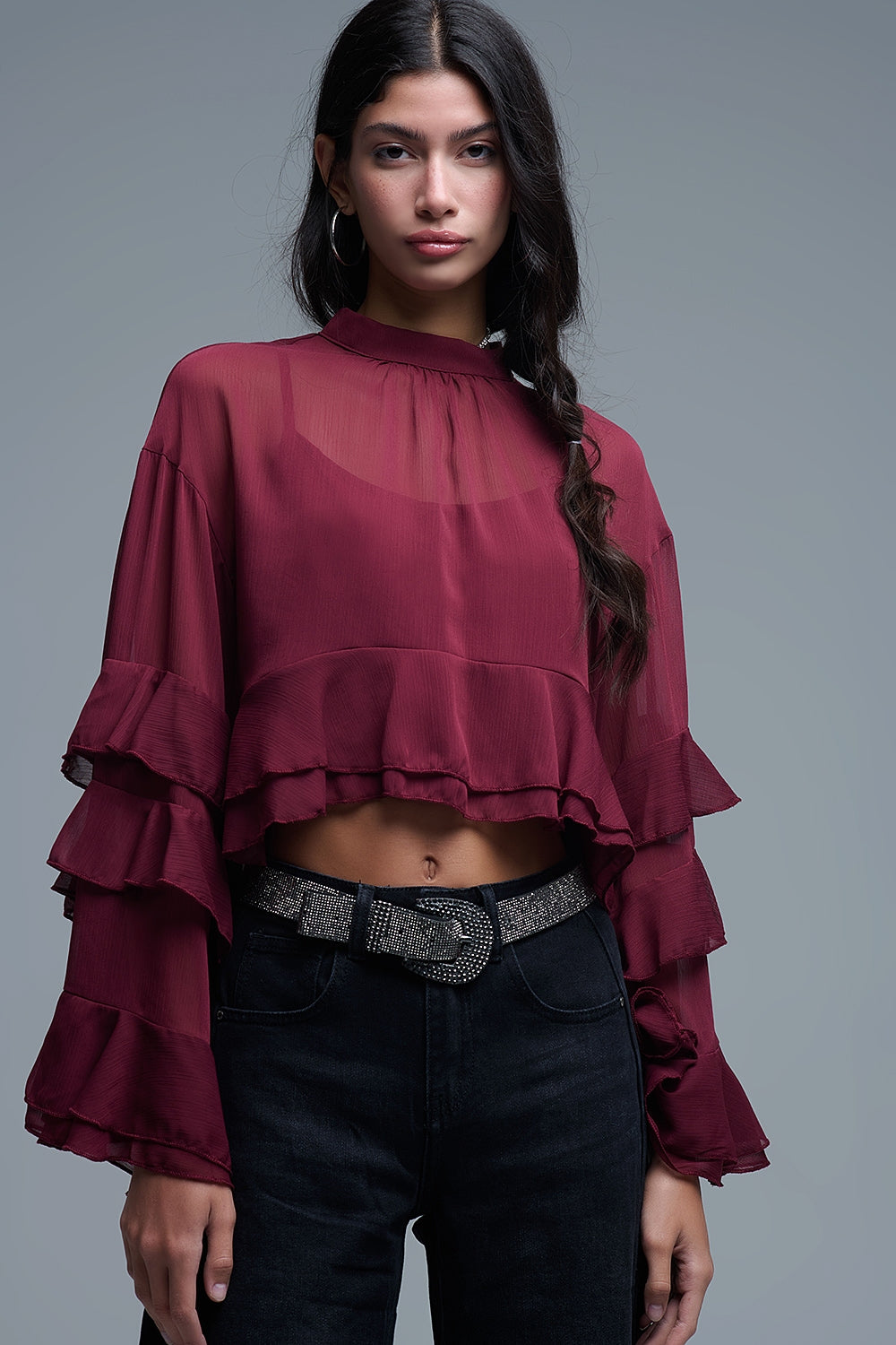Sheer Cape-style Burgundy Blouse in chiffon With Ruffles