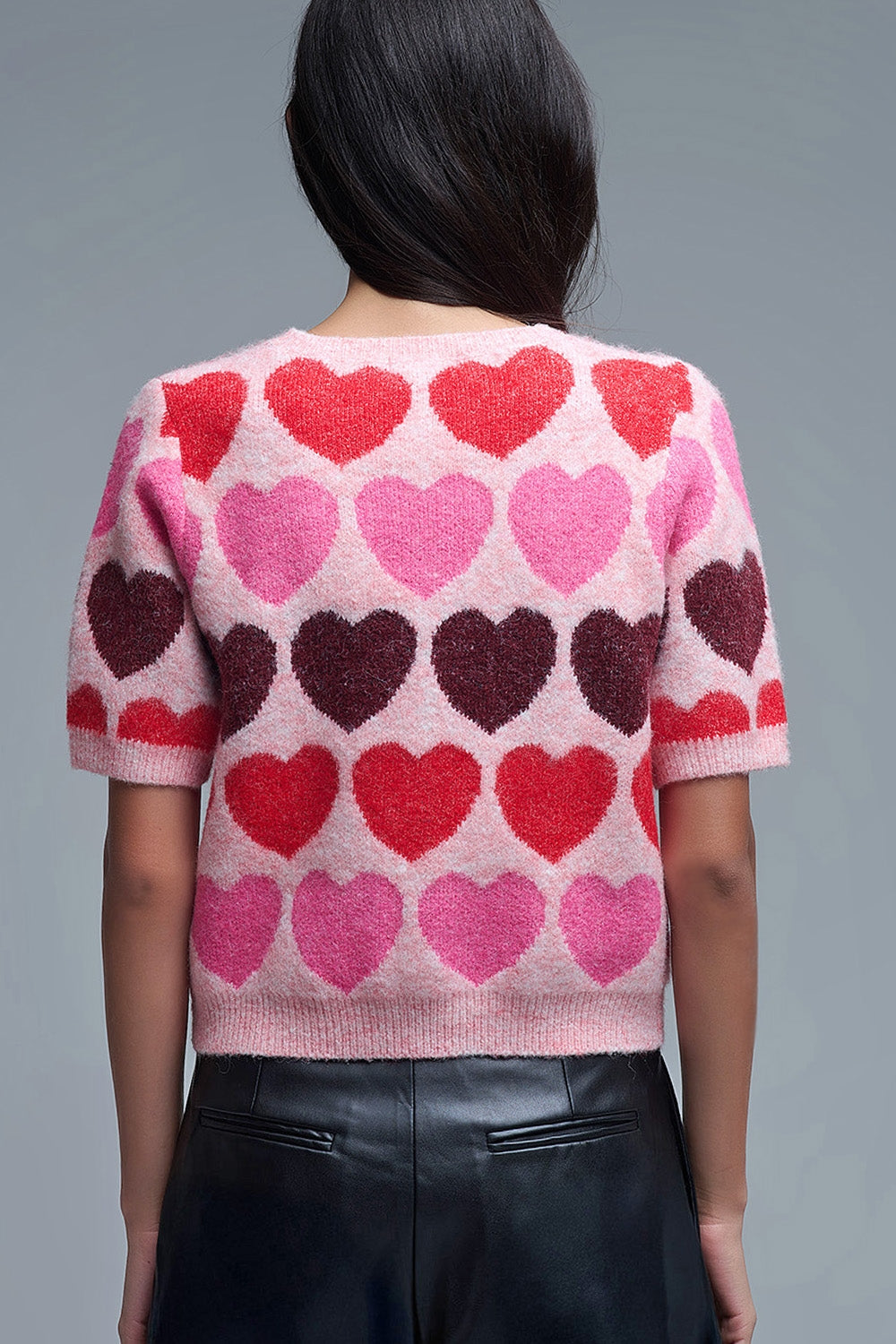Short Sleeve Printed Heart Sweater in Pink