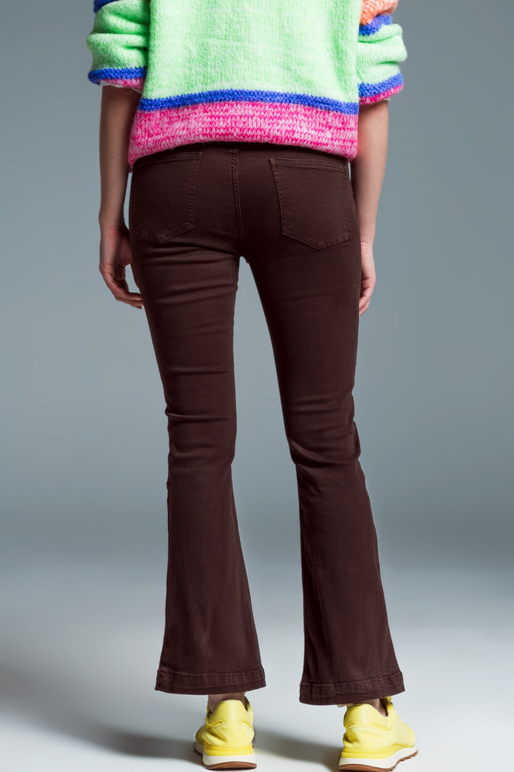 Calça de ganga Skinny Flare com Detalhe de Botão Duplo Castanho