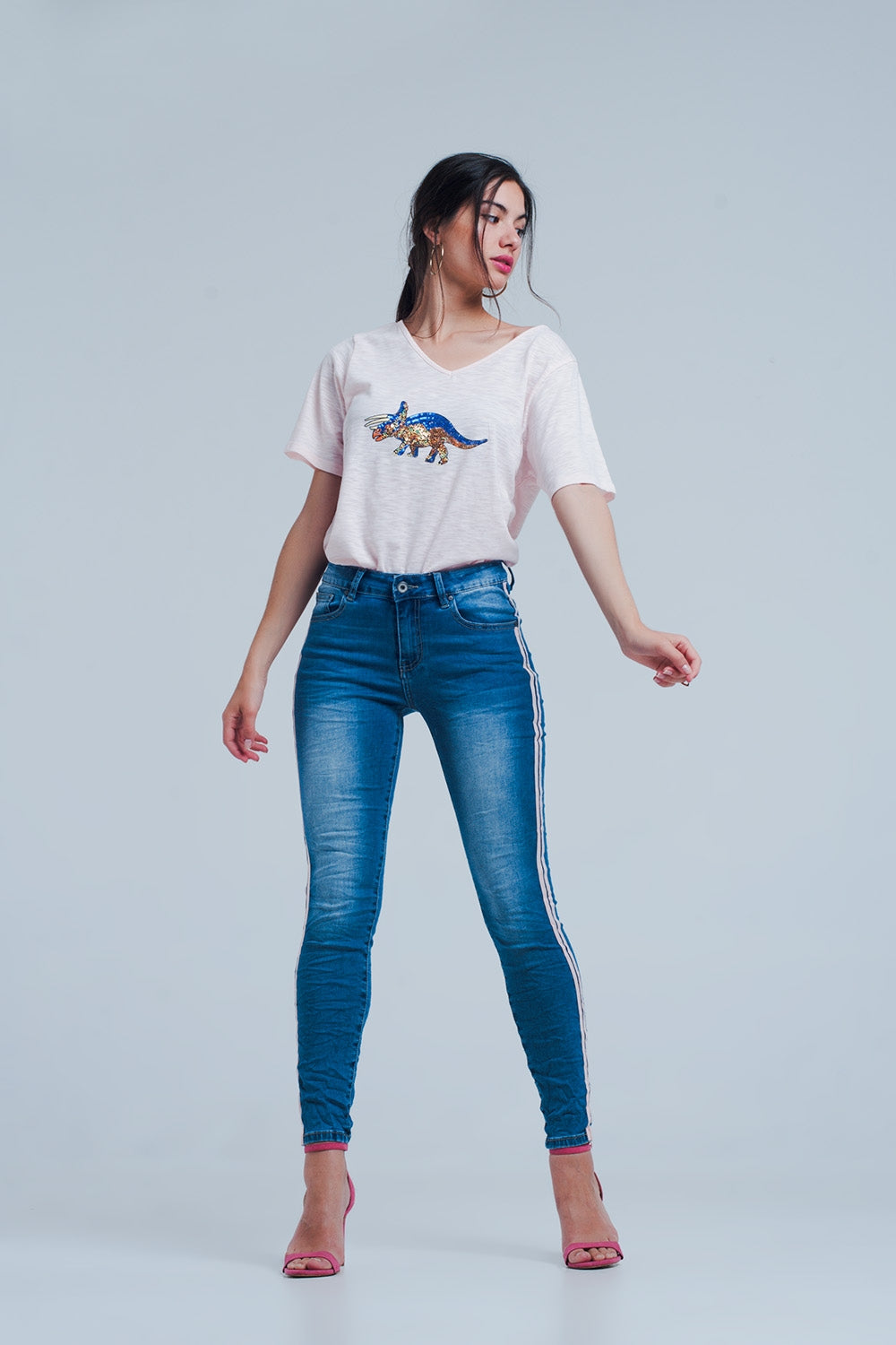 Skinny jeans with side seam stripes
