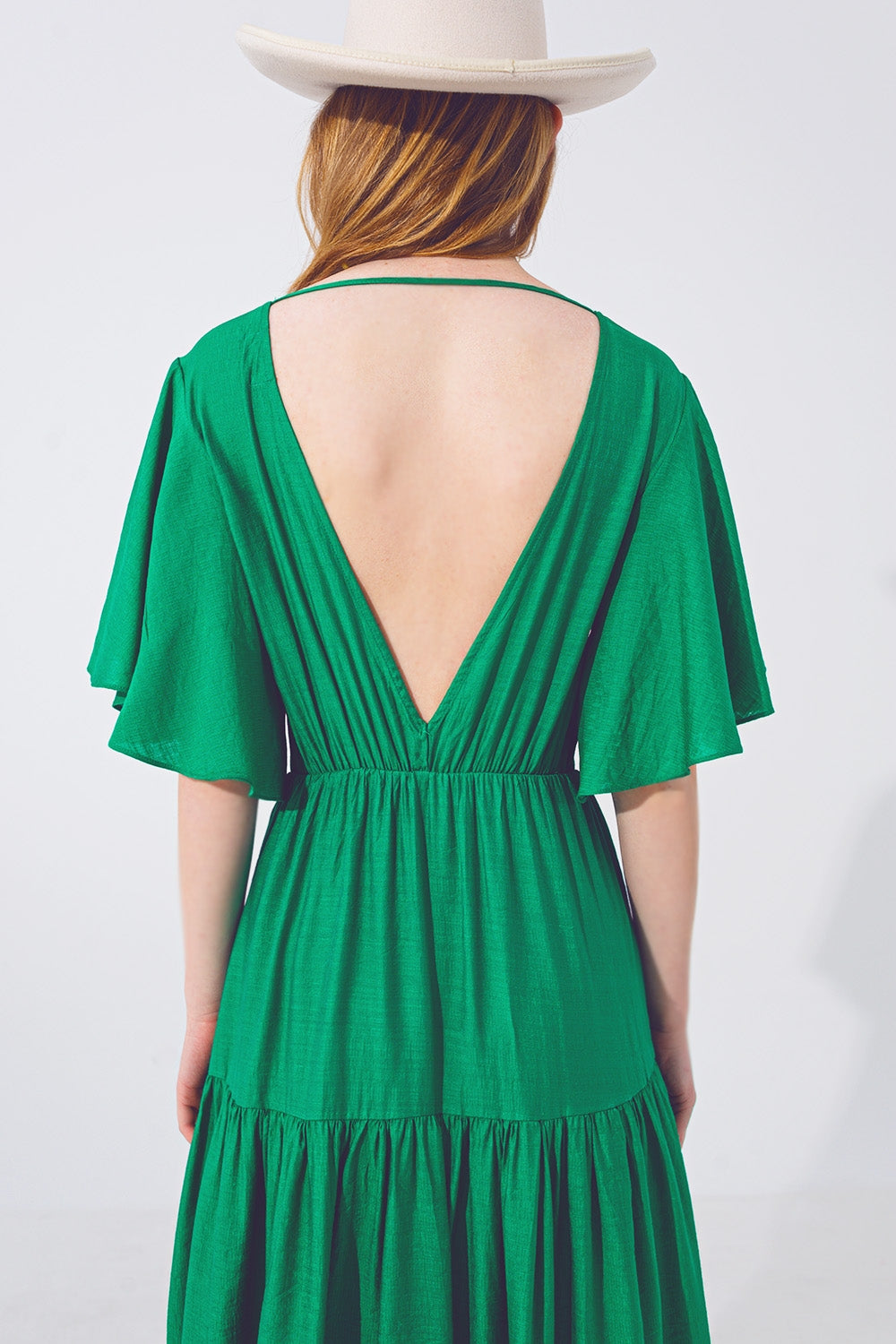 Smock V Neck Maxi Dress in Green