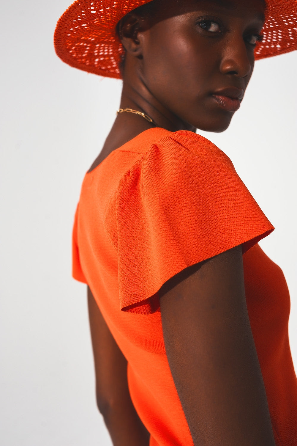 square neck puff sleeve sweater in orange