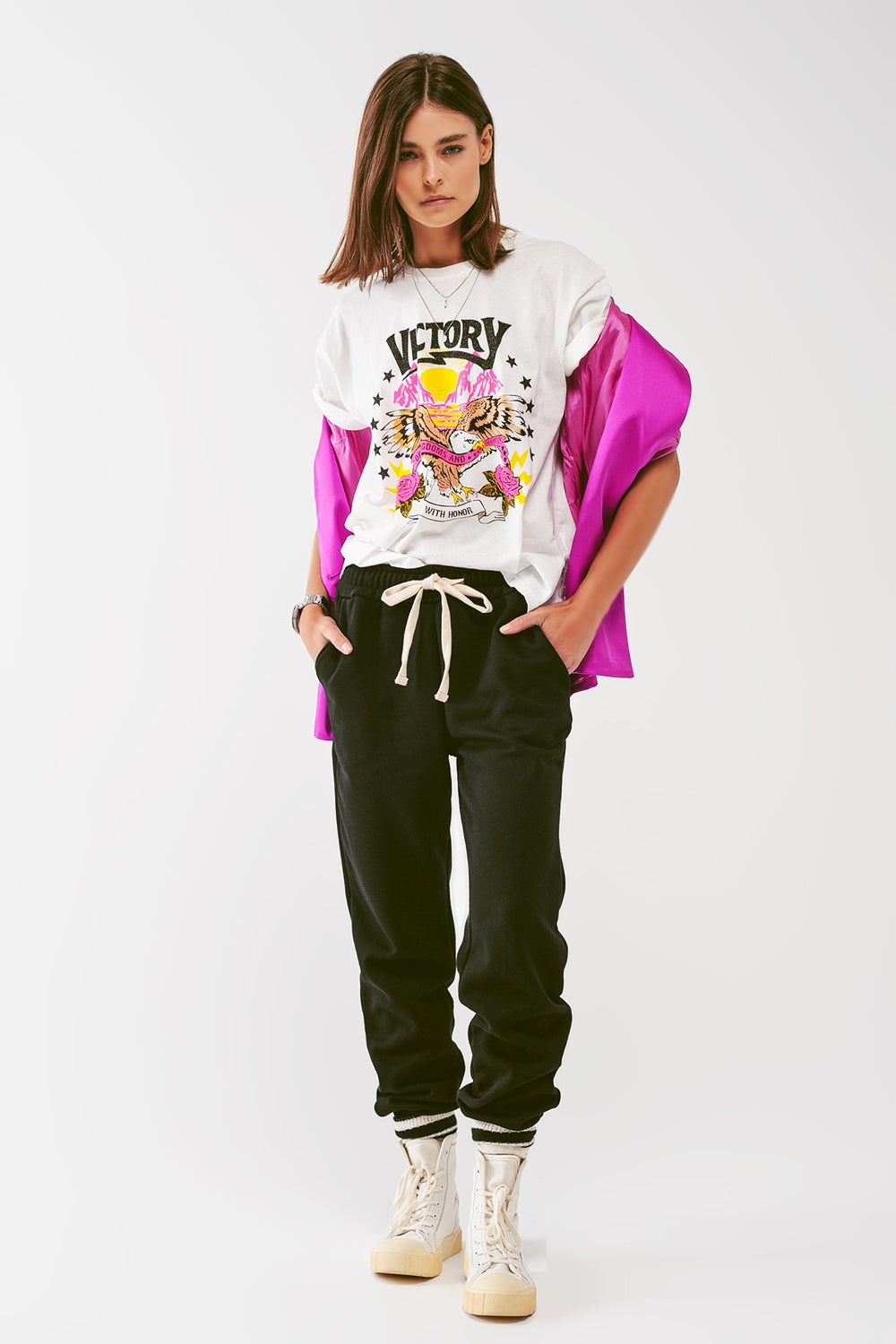 T-Shirt with Victory text in grayish White