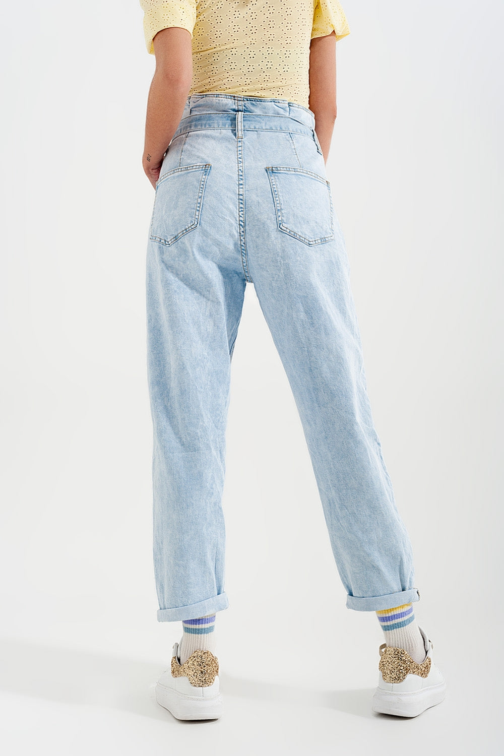 Tapered leg jeans with paper bag waist in light vintage wash