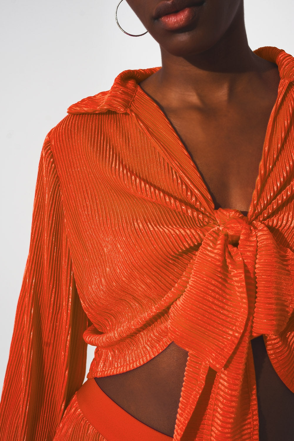Tie front pleated crop top in orange