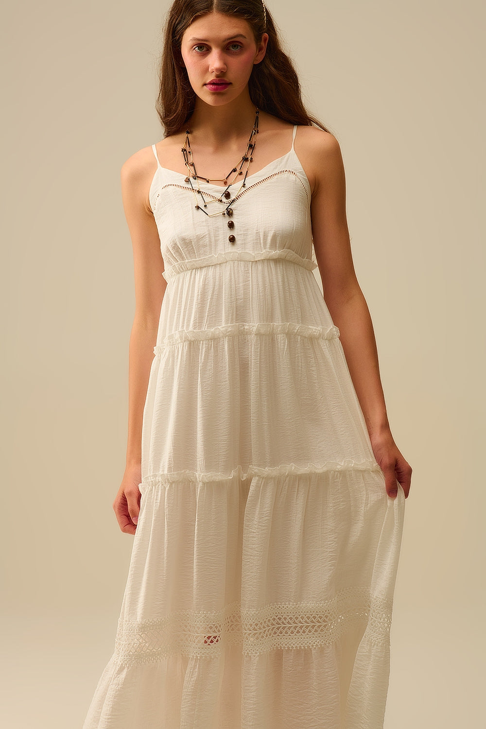 Tiered Maxi Dress with Lace Inserts in White