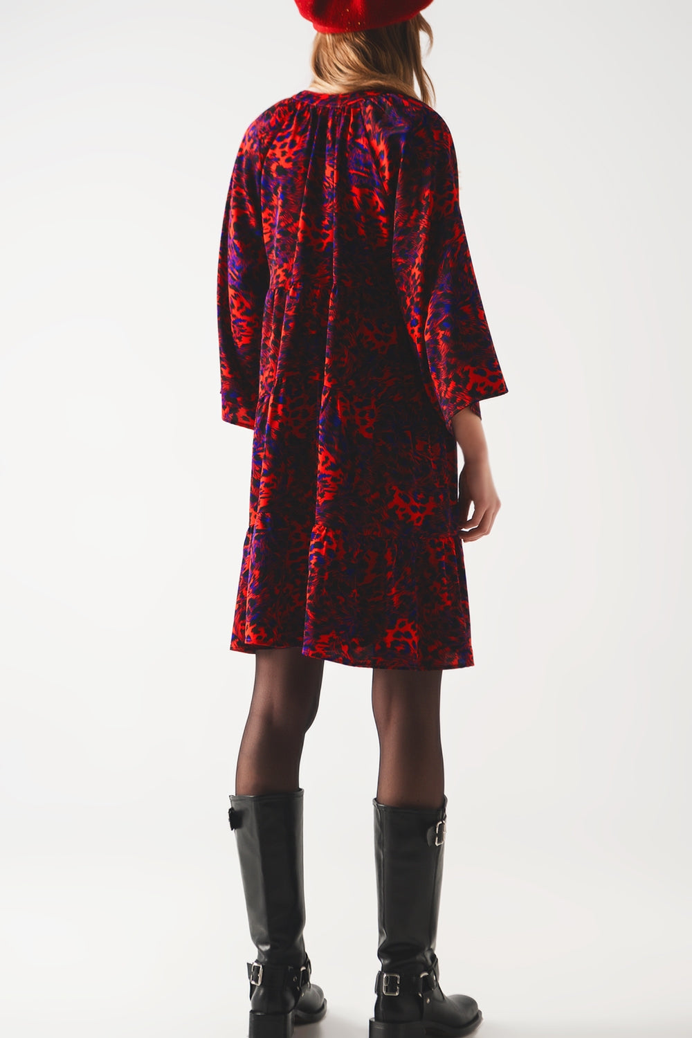 Tiered mini smock dress in animal print in red