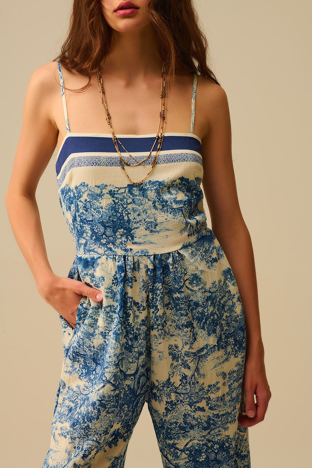 Toile de Jouy Print Jumpsuit with Thin Straps