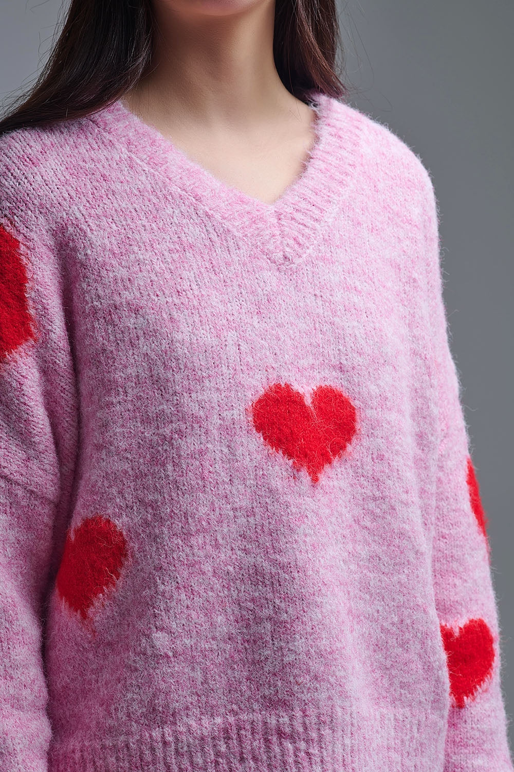 V-neck Long Sleeve Pink Sweater With Red Hearts