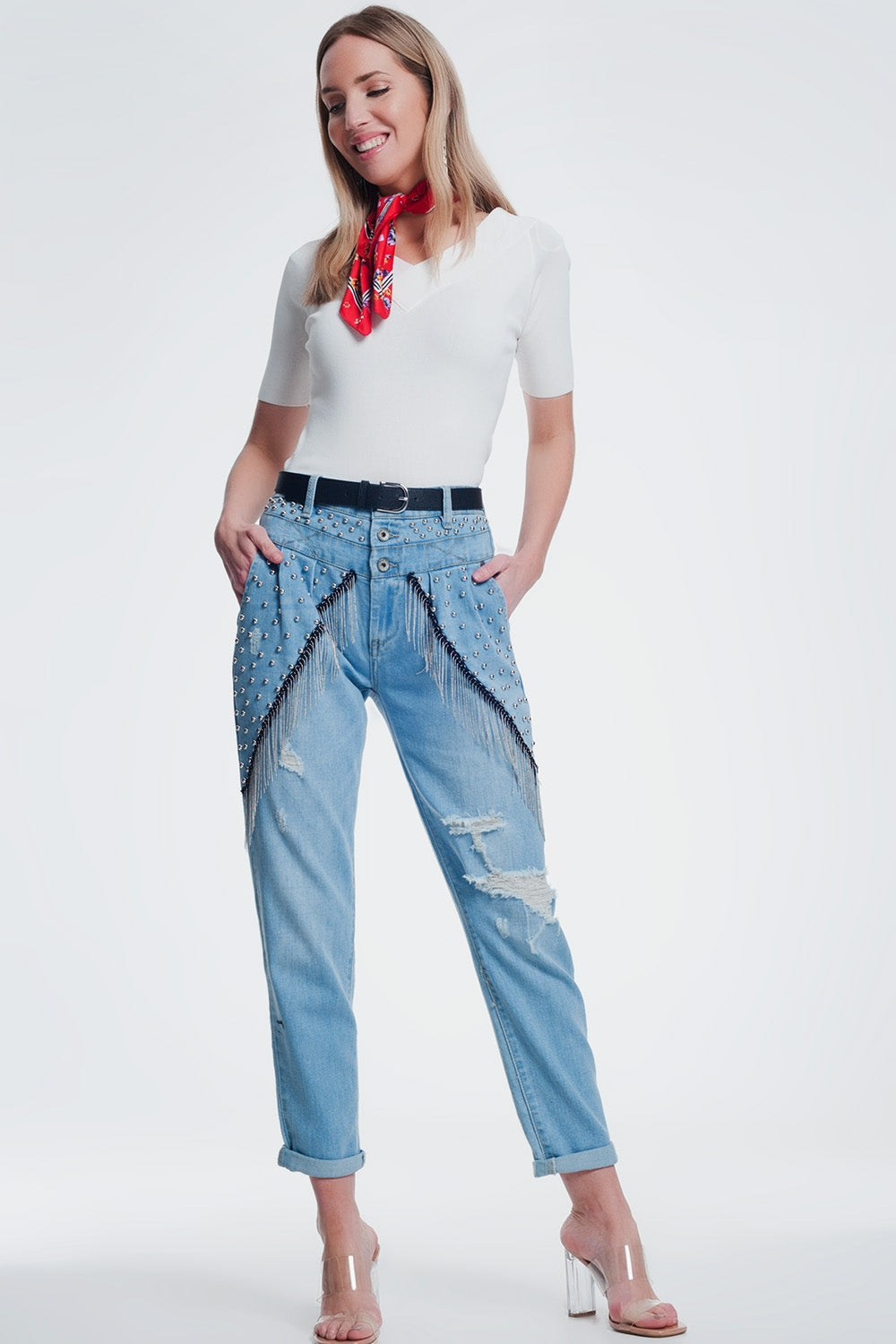 vintage ripped straight jeans with studs and chains