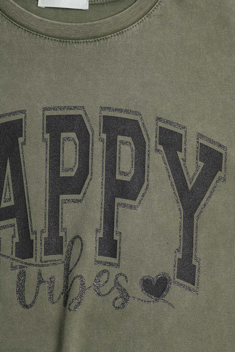 Washed Khaki Green Happy Vibes Graphic Relaxed T-Shirt