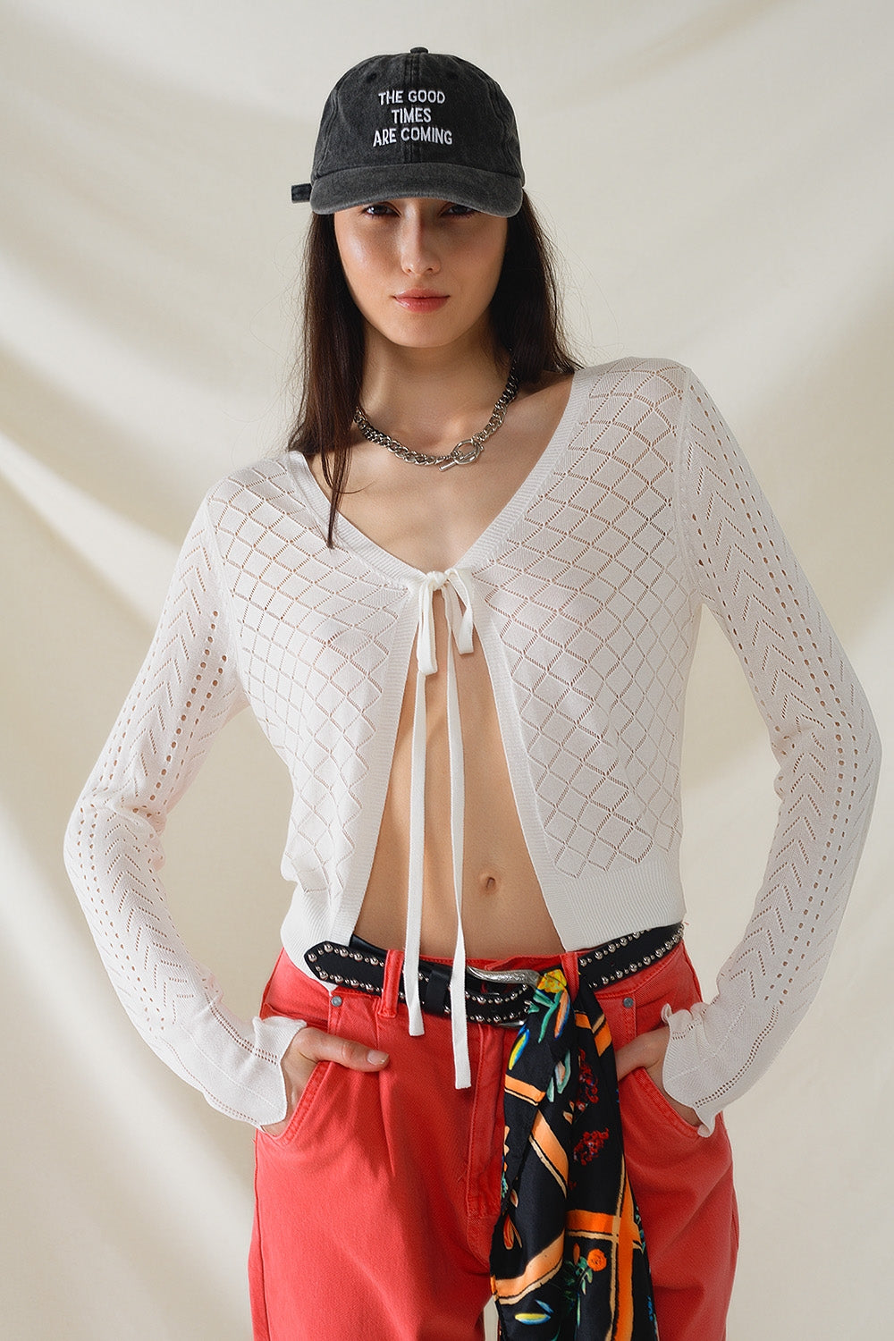 White Cardigan with Argyle Print and Tie Closing